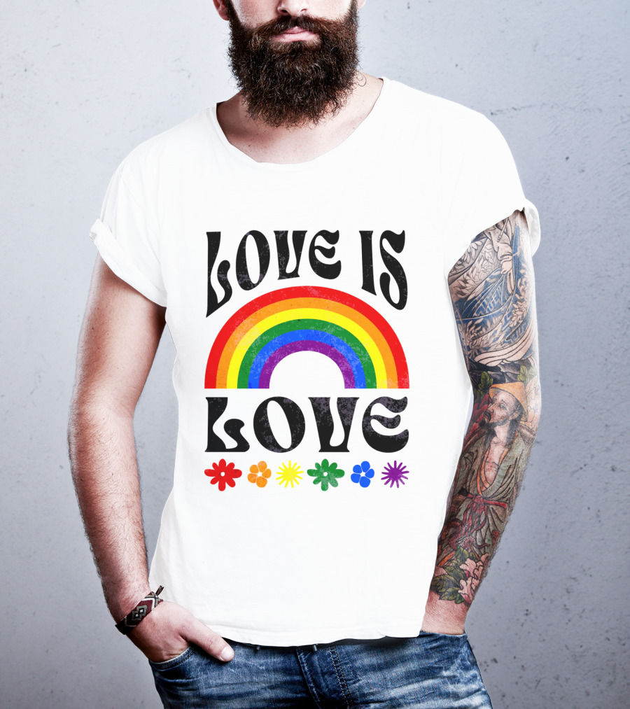 Love Is Love Rainbow Pride With Colorful Flowers T-Shirt