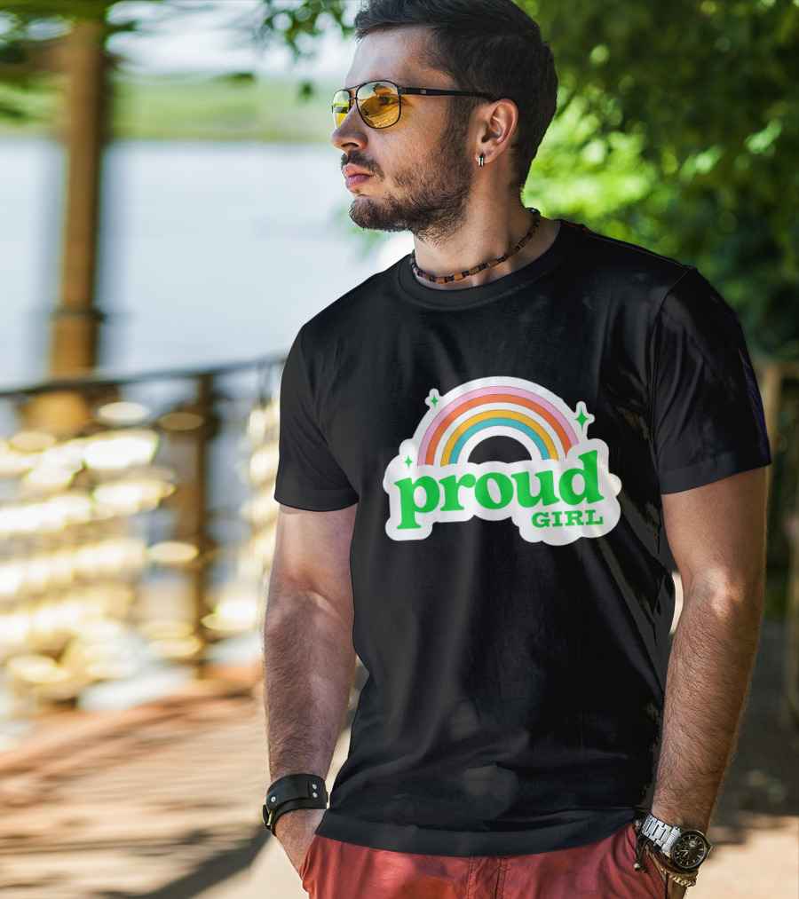 Proud Girl Green Text Rainbow With Sparkles T-Shirt