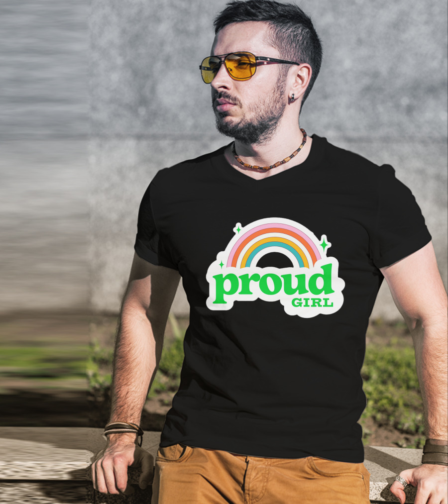Proud Girl Green Text Rainbow With Sparkles T-Shirt
