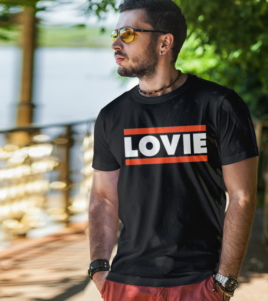LOVIE Bold Block Letters With Red Stripes T-Shirt
