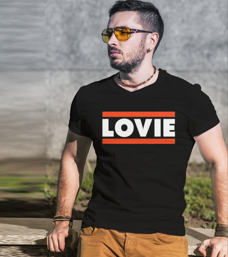 LOVIE Bold Block Letters With Red Stripes T-Shirt