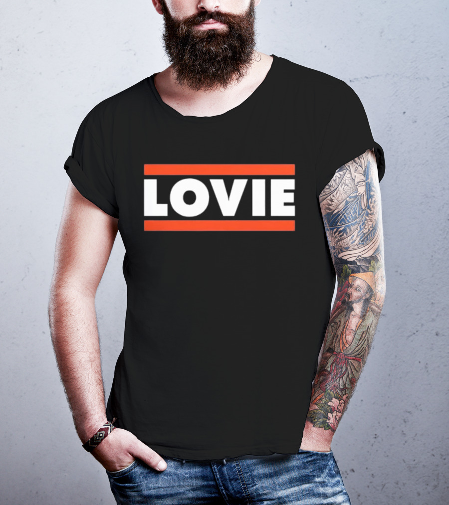 LOVIE Bold Block Letters With Red Stripes T-Shirt