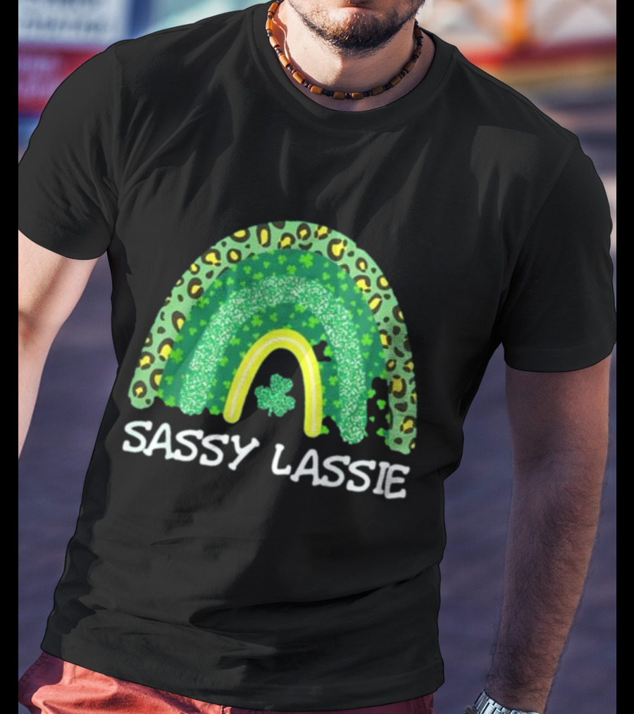 St Patricks Day Women Funny Sassy Lassie Leopard Rainbow Shamrock T-Shirt