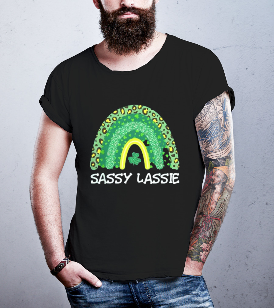 St Patricks Day Women Funny Sassy Lassie Leopard Rainbow Shamrock T-Shirt
