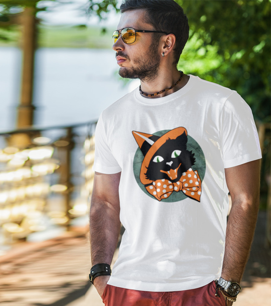 Halloween Black Cat Vintage Witch Hat Polka Dot Bow Tie T-Shirt