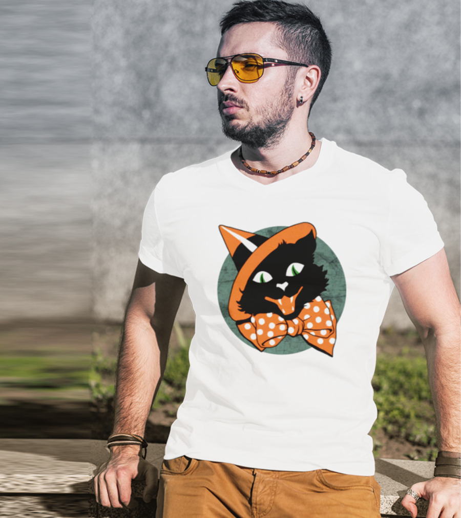 Halloween Black Cat Vintage Witch Hat Polka Dot Bow Tie T-Shirt