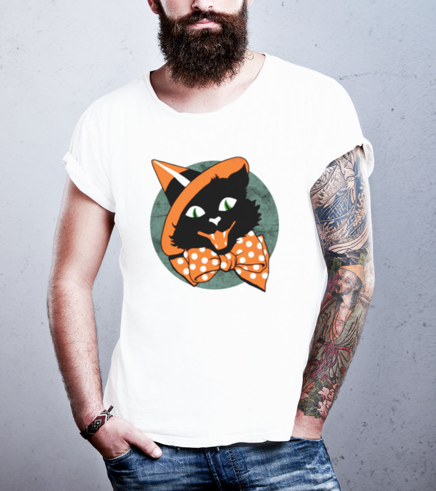 Halloween Black Cat Vintage Witch Hat Polka Dot Bow Tie T-Shirt