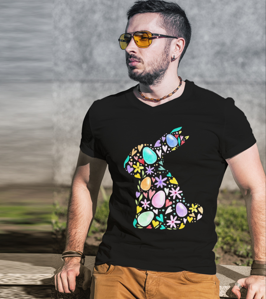 Rabbit Easter Day Colorful Eggs Hearts Flowers T-Shirt
