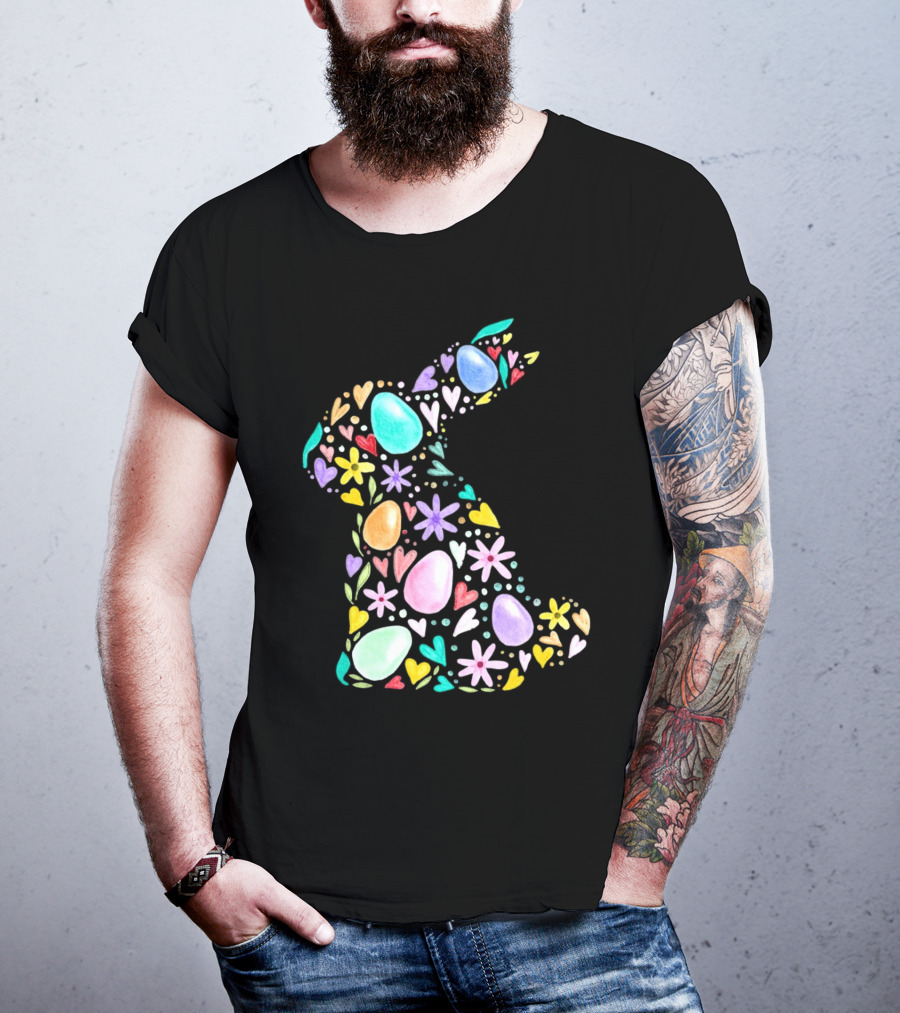 Rabbit Easter Day Colorful Eggs Hearts Flowers T-Shirt