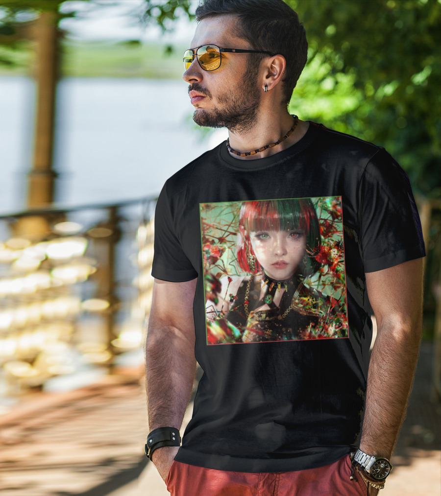 Green Red Sticker Fantasy Portrait Vibrant Blossoms Dual-Tone Hair T-Shirt