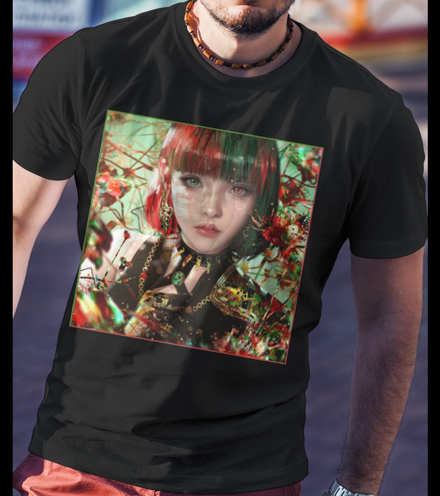 Green Red Sticker Fantasy Portrait Vibrant Blossoms Dual-Tone Hair T-Shirt