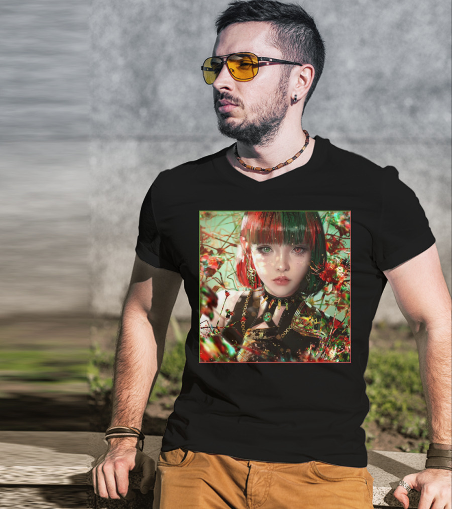 Green Red Sticker Fantasy Portrait Vibrant Blossoms Dual-Tone Hair T-Shirt
