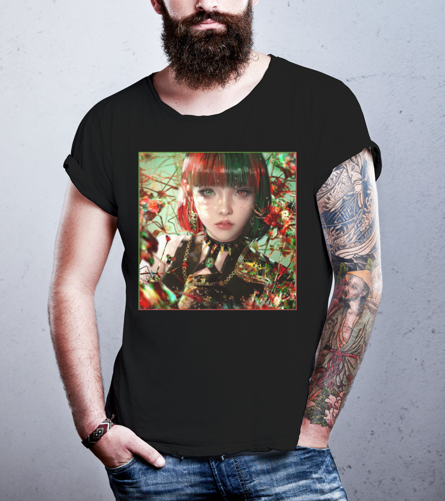 Green Red Sticker Fantasy Portrait Vibrant Blossoms Dual-Tone Hair T-Shirt