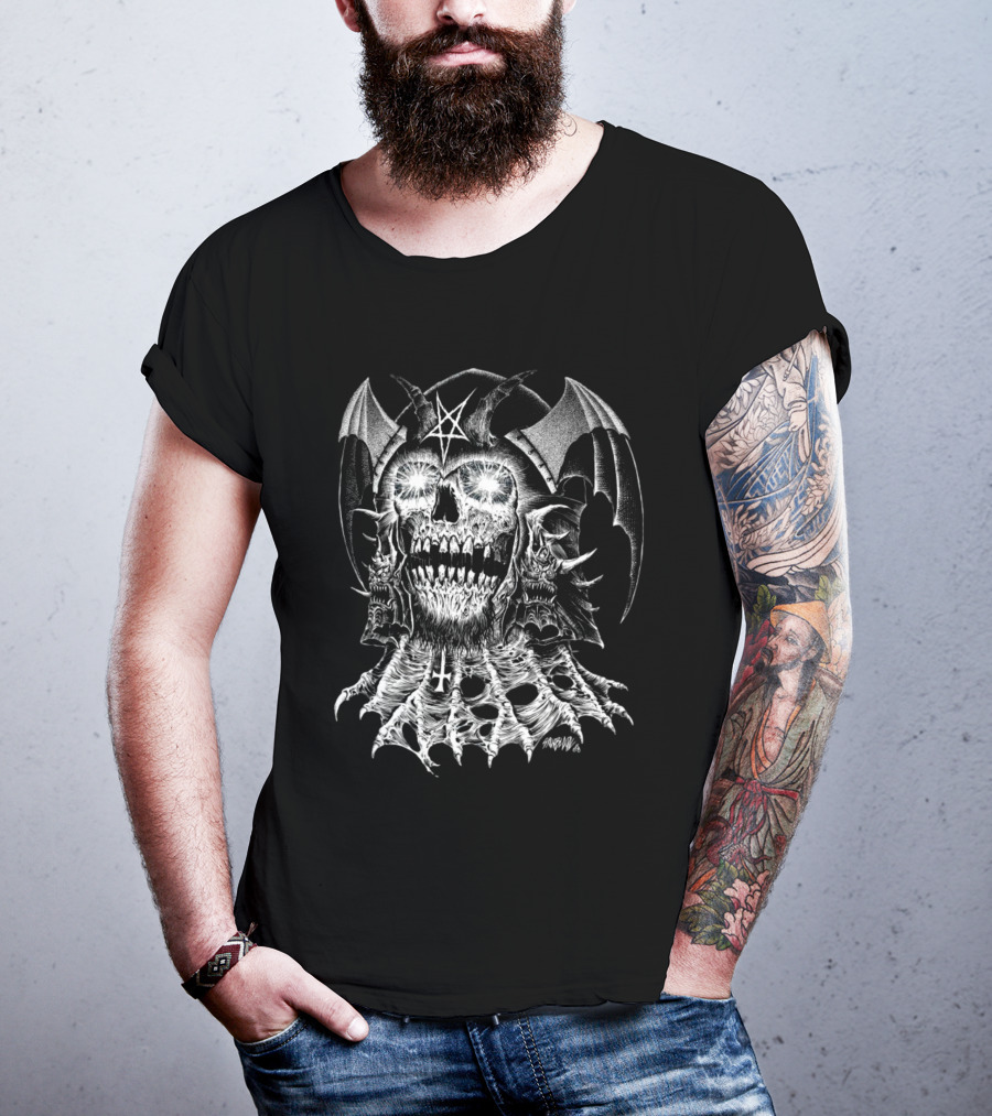 Lucifer's Helm Infernal Skull With Pentagram And Bat Wings T-Shirt