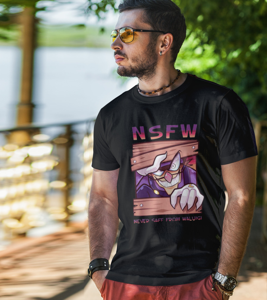 NSFW Never Safe From Waluigi Spaicy Waluigi Peeking Through Wooden Planks T-Shirt