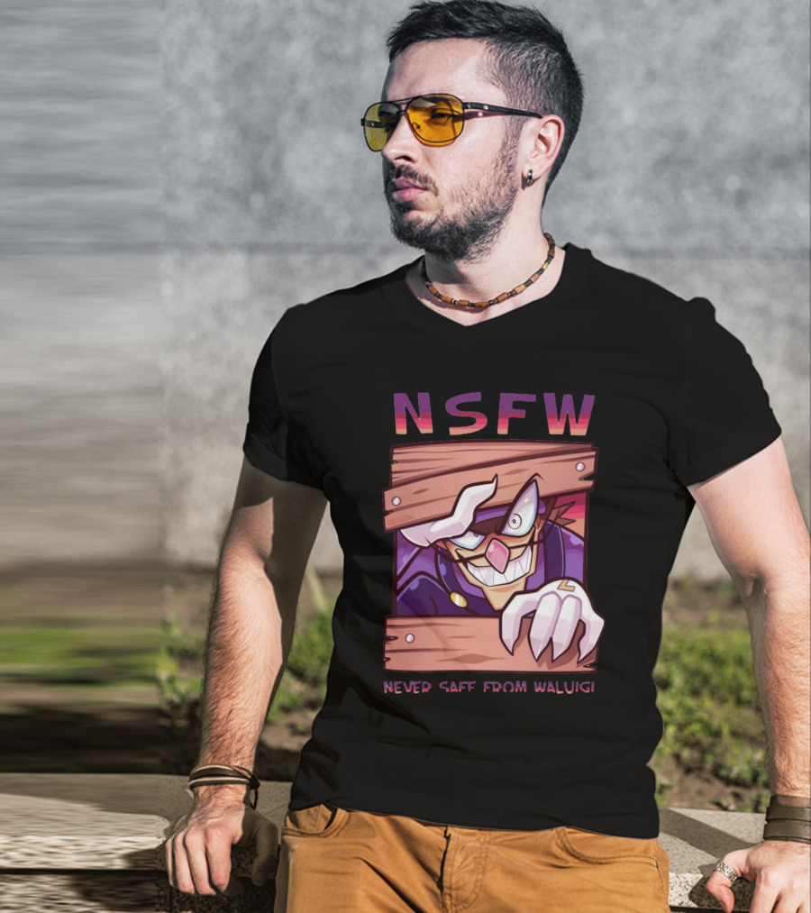NSFW Never Safe From Waluigi Spaicy Waluigi Peeking Through Wooden Planks T-Shirt