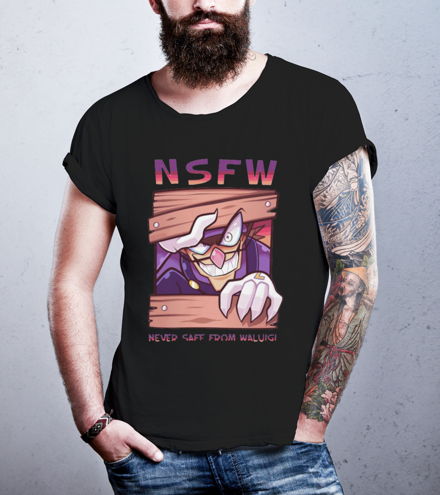 NSFW Never Safe From Waluigi Spaicy Waluigi Peeking Through Wooden Planks T-Shirt