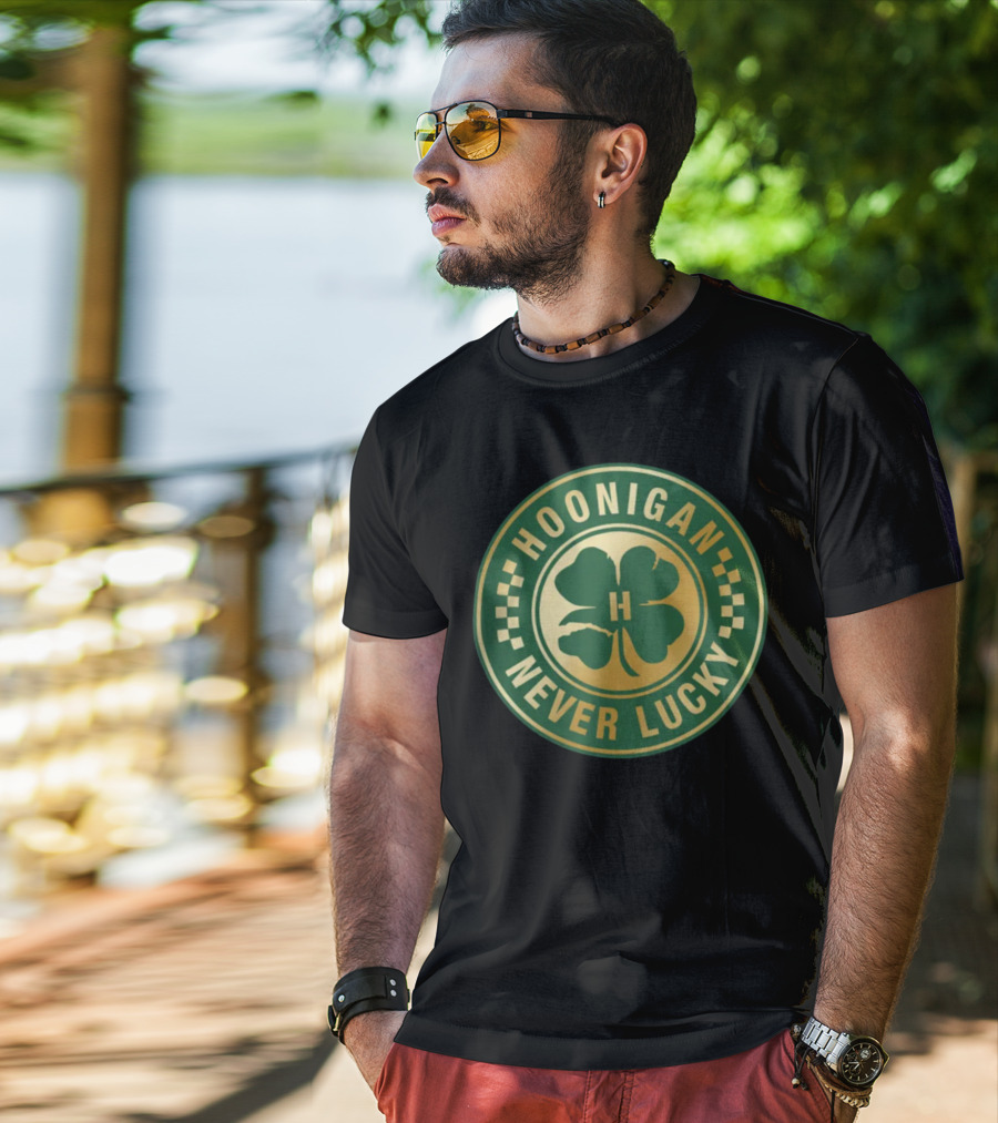 Hoonigan Never Lucky Four Leaf Clover Checkerboard Badge T-Shirt