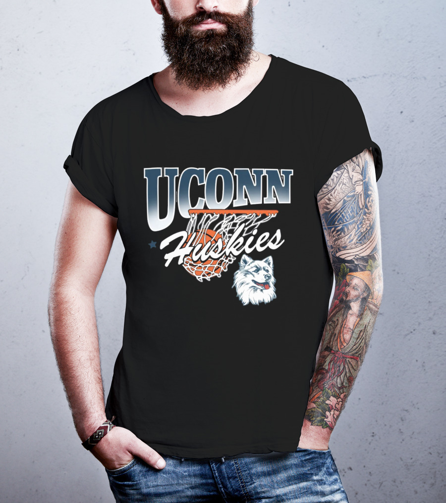 UConn Huskies Basketball Husky Mascot And Net T-Shirt