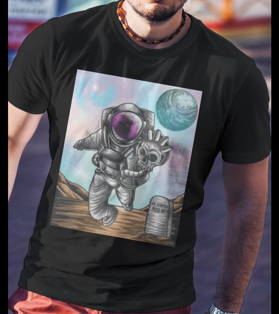 Slim Reaper Essential Youth Astronaut Skull Moon Tombstone He Jumped With Me T-Shirt
