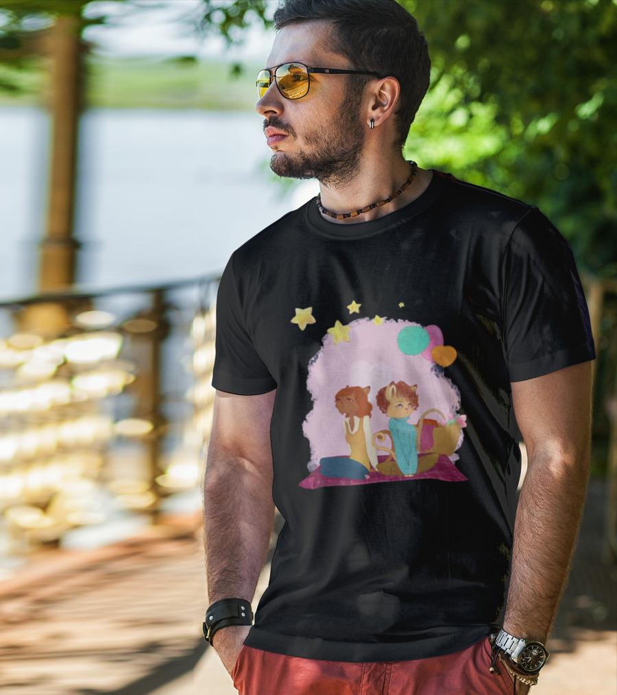 Cute Lesbian Fashion Relationship Cat Couple With Stars And Balloons T-Shirt