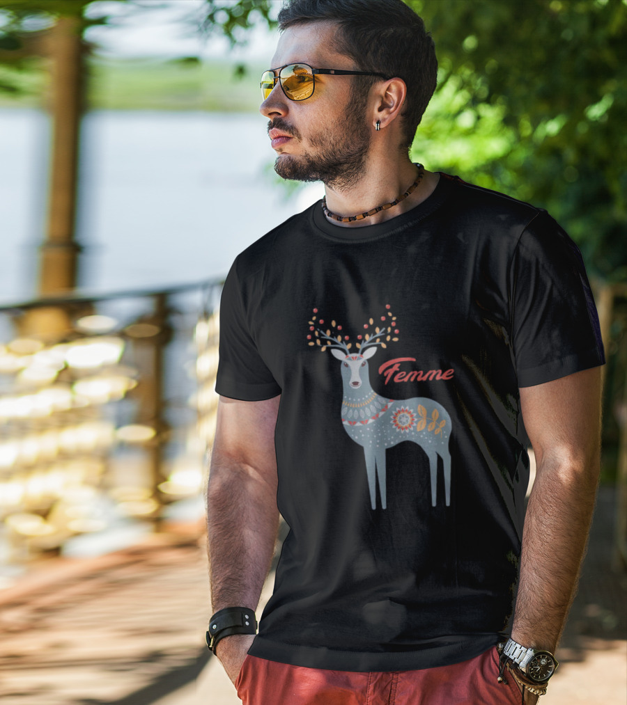 Femme Nordic Deer With Patterned Antlers T-Shirt