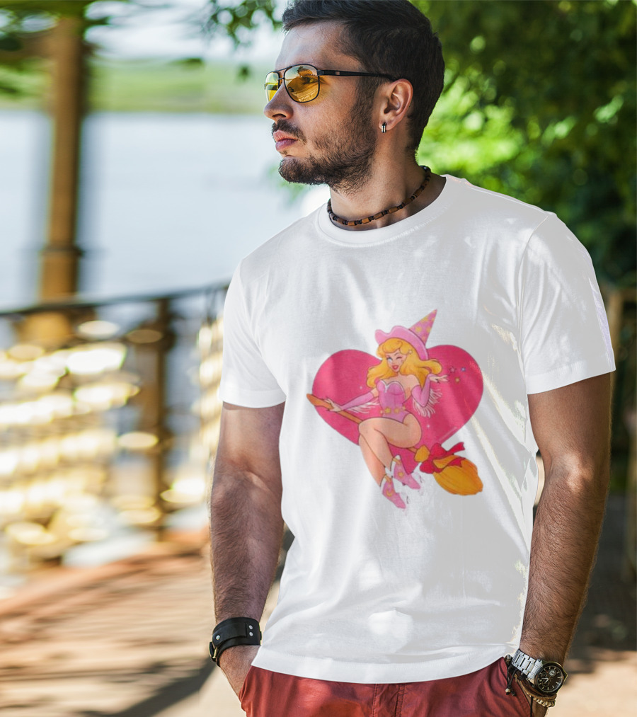 This Barbie Is A Witch Riding A Broomstick With Pink Heart Background T-Shirt