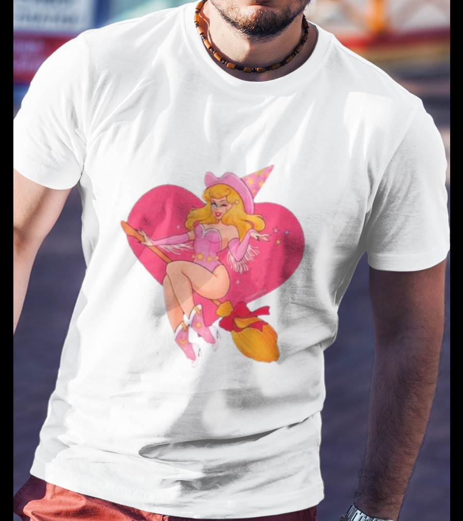 This Barbie Is A Witch Riding A Broomstick With Pink Heart Background T-Shirt