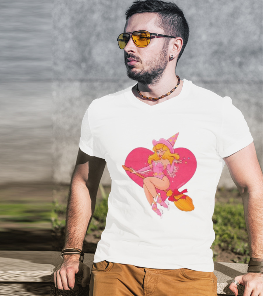 This Barbie Is A Witch Riding A Broomstick With Pink Heart Background T-Shirt