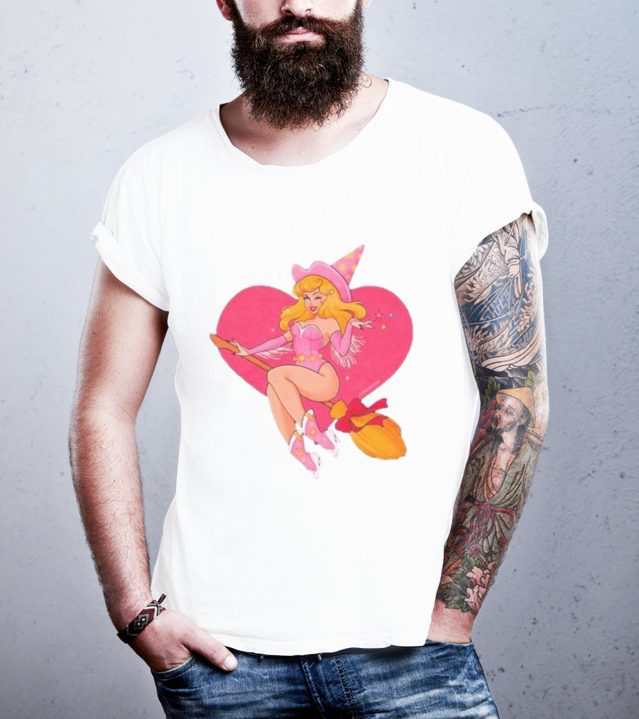 This Barbie Is A Witch Riding A Broomstick With Pink Heart Background T-Shirt