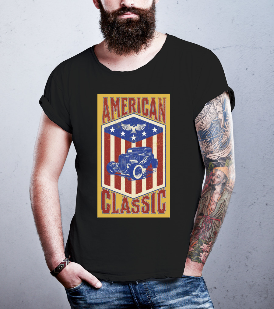 AMERICAN CLASSIC Hot Rod Eagle Stripes Stars Vintage Retro T-Shirt