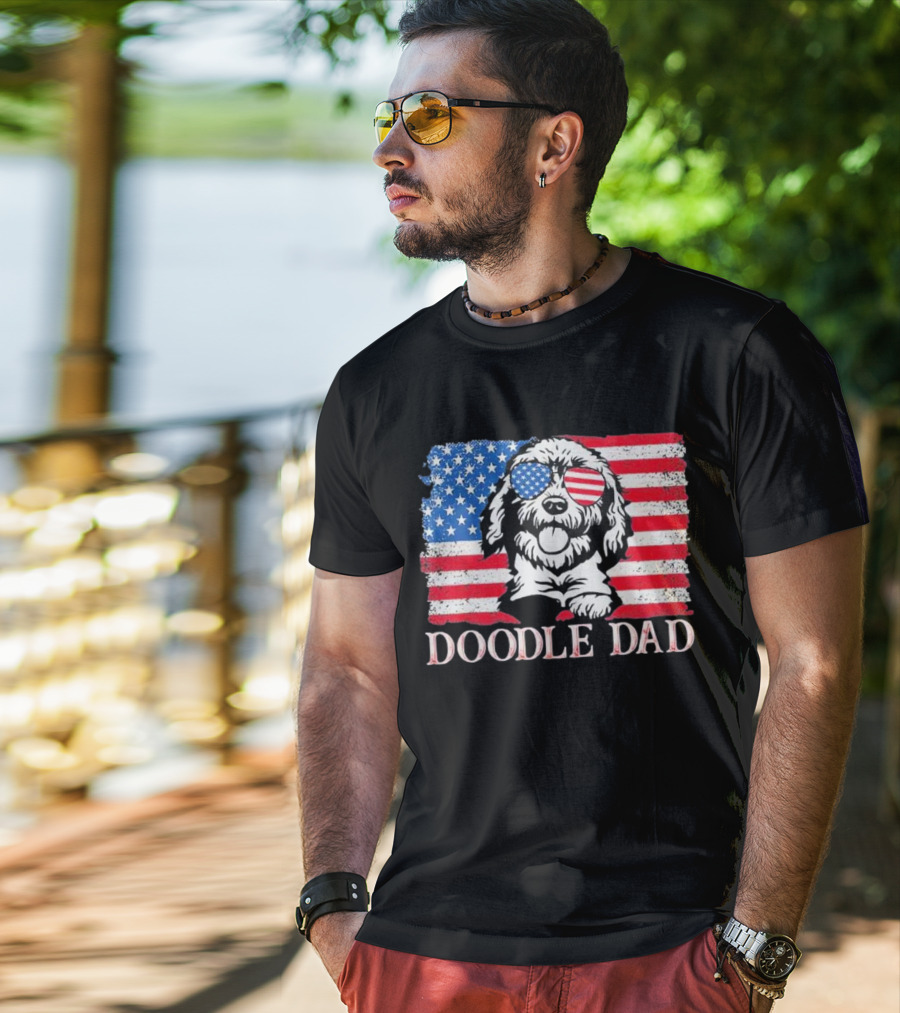 Goldendoodle Doodle Dad American Flag Sunglasses T-Shirt