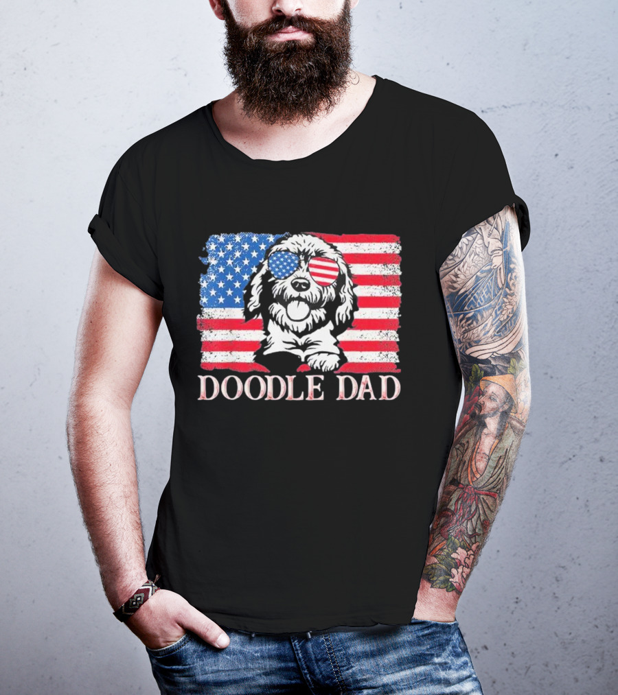 Goldendoodle Doodle Dad American Flag Sunglasses T-Shirt
