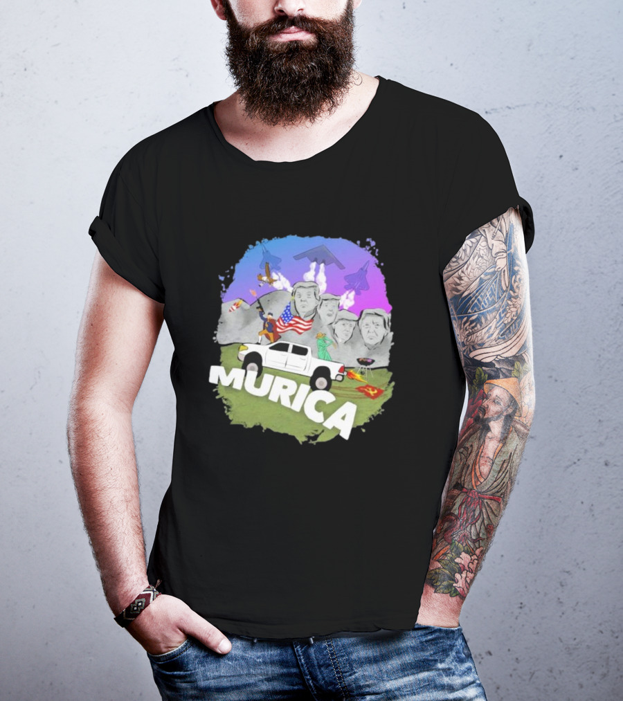 Murica Mount Rushmore Bald Eagle Statue Of Liberty Pickup Truck Bombers Jets T-Shirt