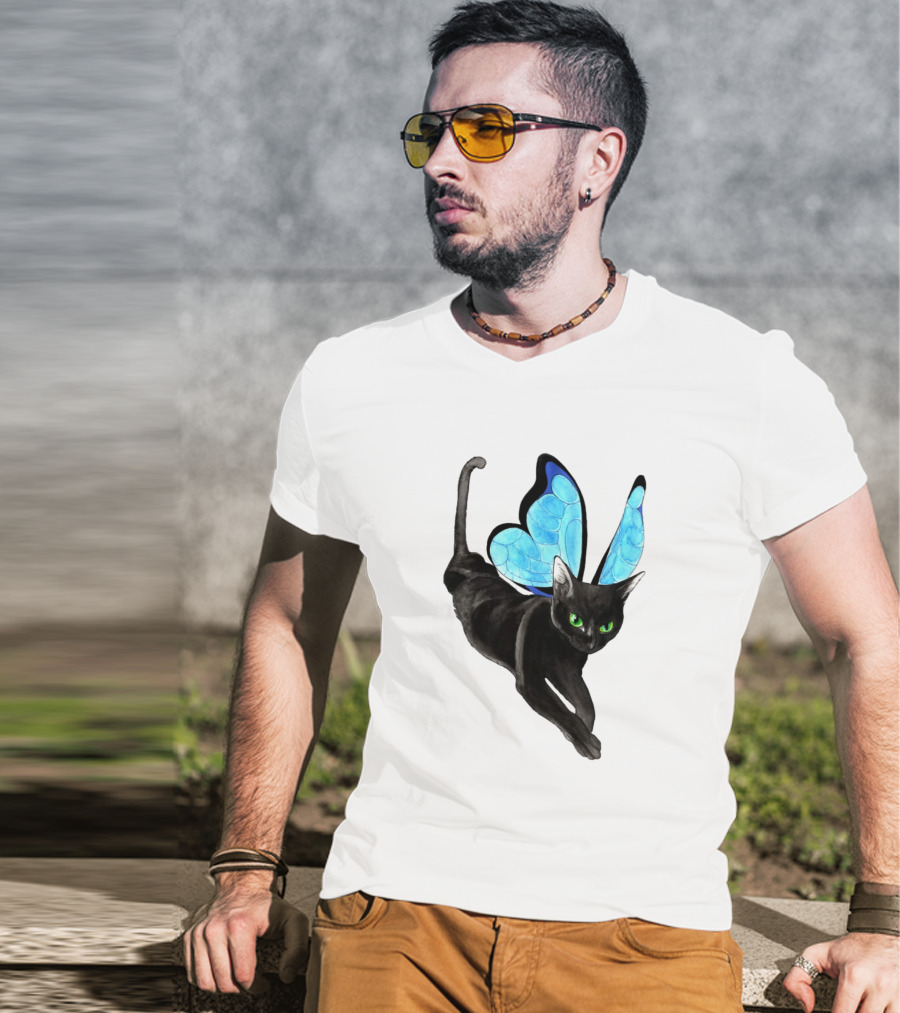 Black Cat With Blue Butterfly Wings T-Shirt