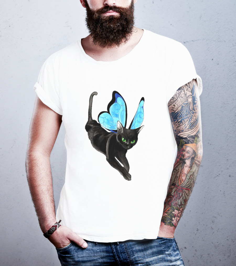 Black Cat With Blue Butterfly Wings T-Shirt