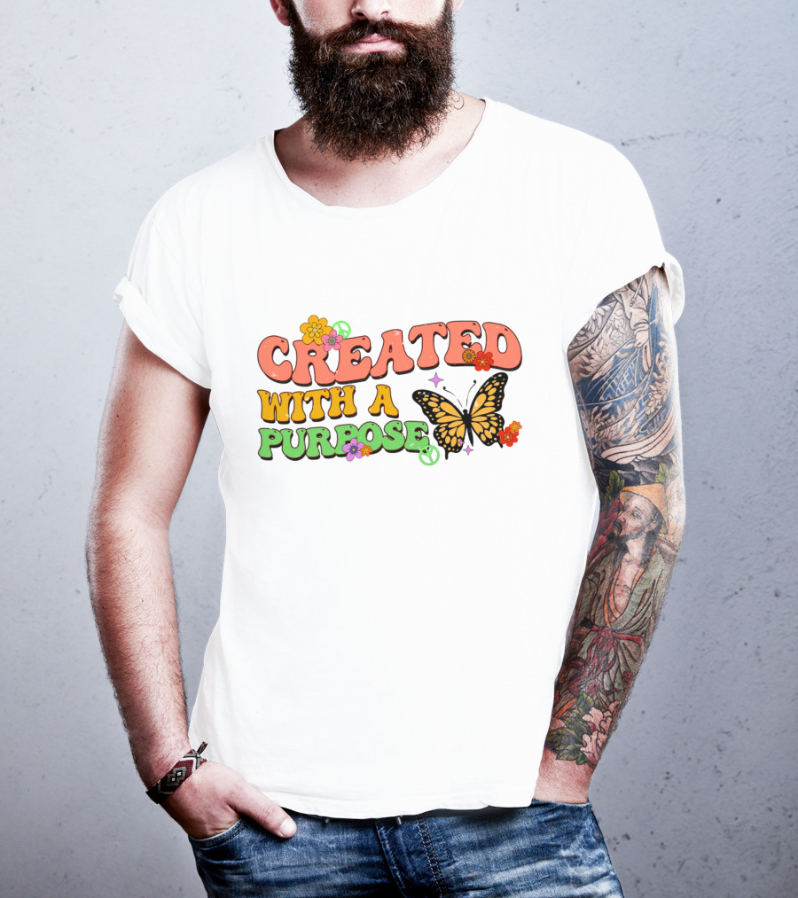 Created With A Purpose Butterfly Flowers Peace Sign T-Shirt