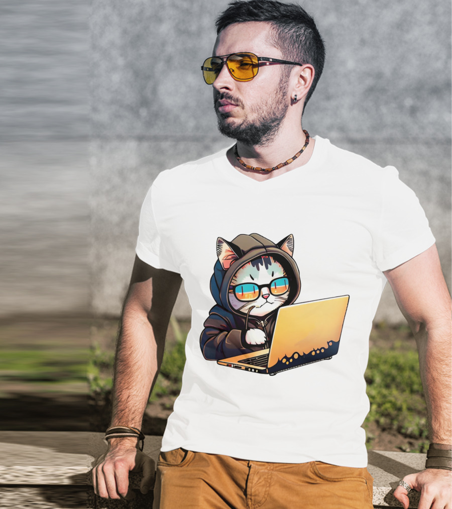 Hacker Cat In Hoodie With Laptop And Glasses T-Shirt
