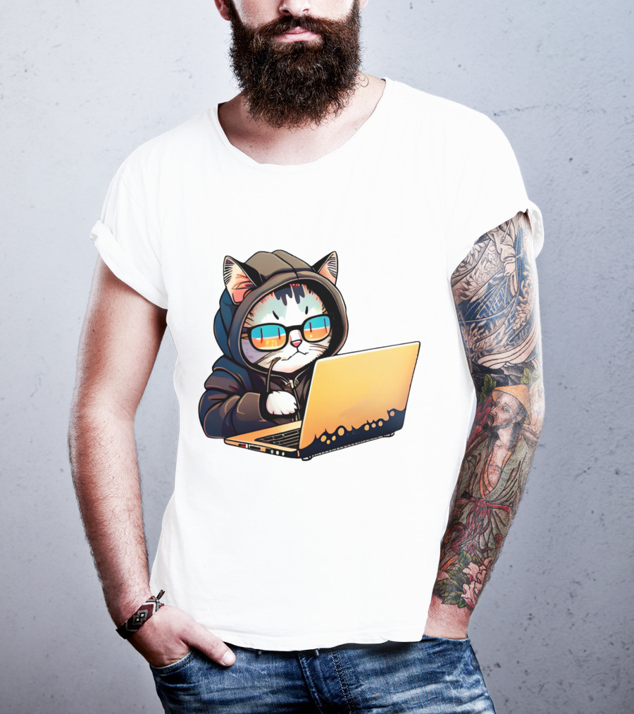 Hacker Cat In Hoodie With Laptop And Glasses T-Shirt