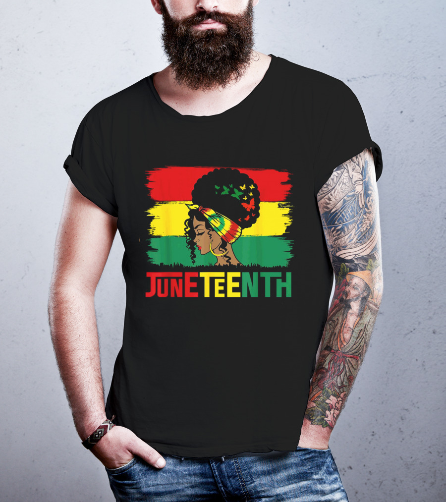 Juneteenth Remembering My Ancestors Celebrate Black Freedom Afro Woman Rasta Colors Flags T-Shirt