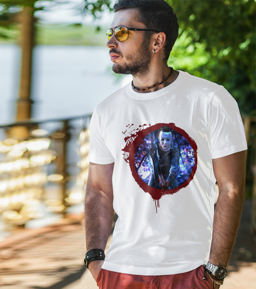 Myers Attack Blood Splatter Horror Mask Iconic Blue Woods Scene T-Shirt
