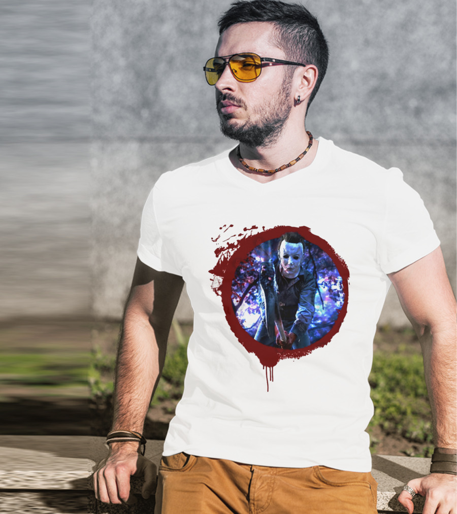 Myers Attack Blood Splatter Horror Mask Iconic Blue Woods Scene T-Shirt
