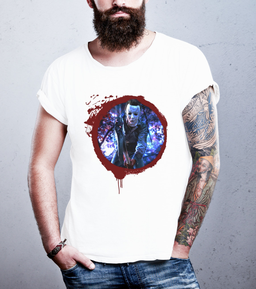Myers Attack Blood Splatter Horror Mask Iconic Blue Woods Scene T-Shirt