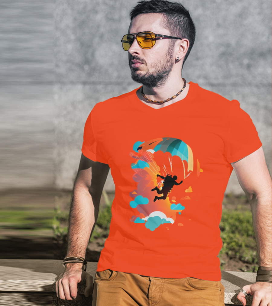 Skydiver Silhouette With Colorful Parachute And Clouds T-Shirt
