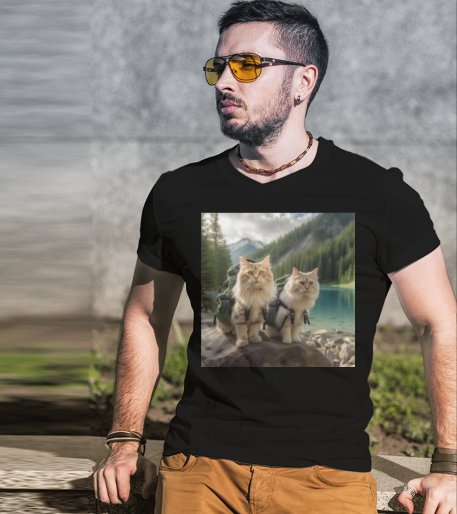 Two American Longhair Cats Are Mountaineering With Backpacks In Scenic Mountain Forest Near Lake T-Shirt
