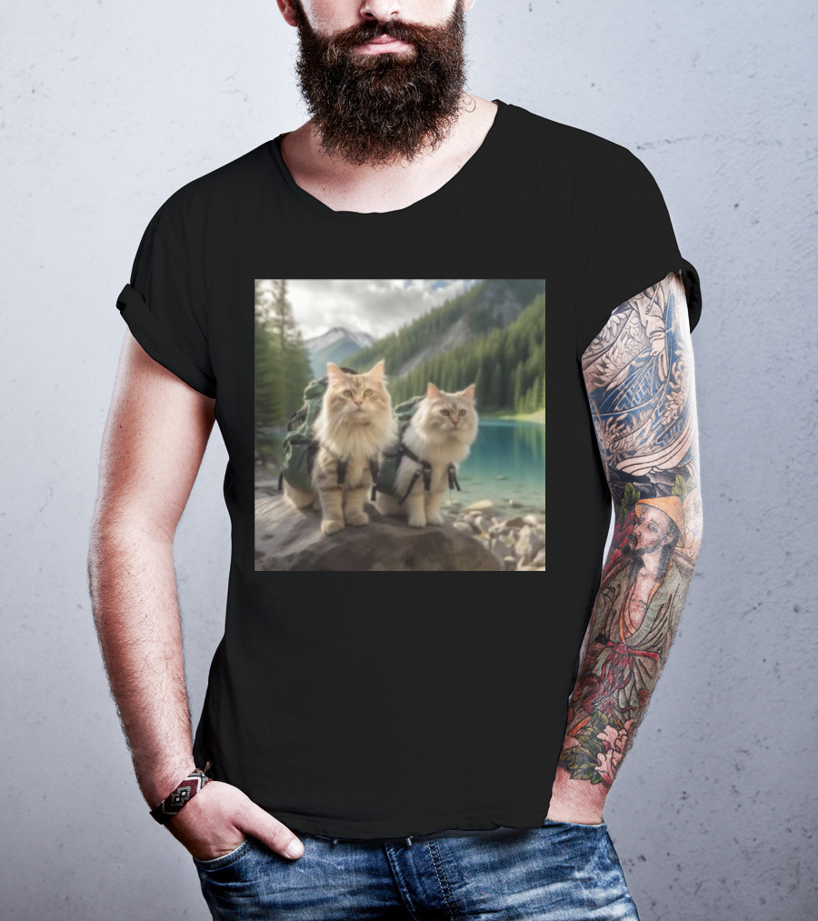 Two American Longhair Cats Are Mountaineering With Backpacks In Scenic Mountain Forest Near Lake T-Shirt