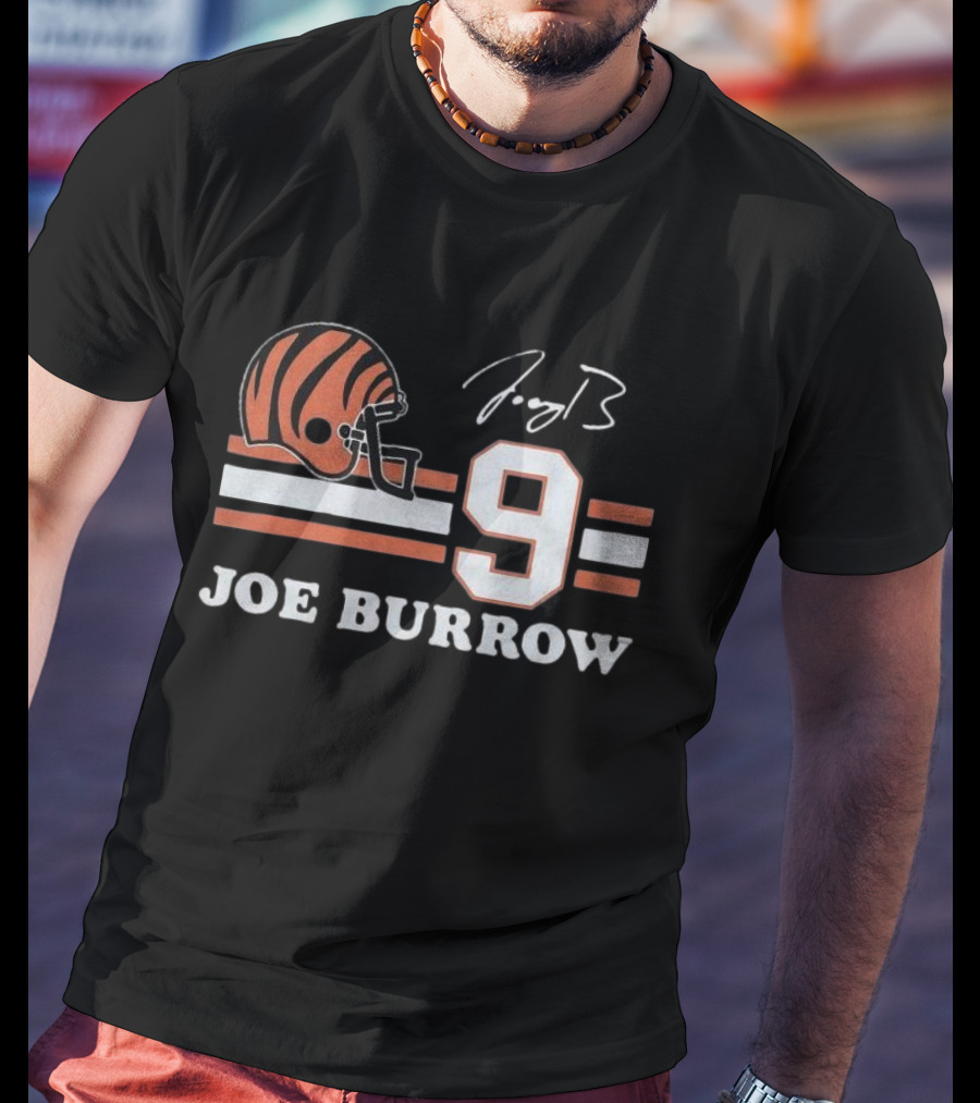 Cincinnati Bengals Joe Burrow Number 9 Helmet Signature T-Shirt