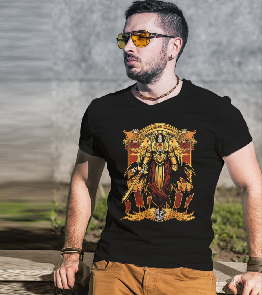 Emperor Of Mankind Golden Armor Angelic Warrior With Sword And Skull T-Shirt