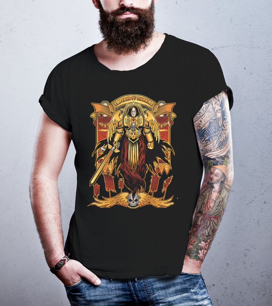 Emperor Of Mankind Golden Armor Angelic Warrior With Sword And Skull T-Shirt