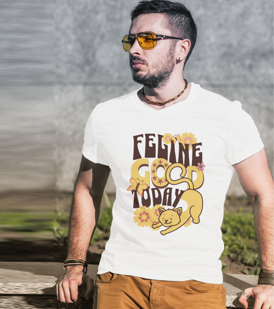 Feline Good Today Cat With Flowers And Butterflies T-Shirt